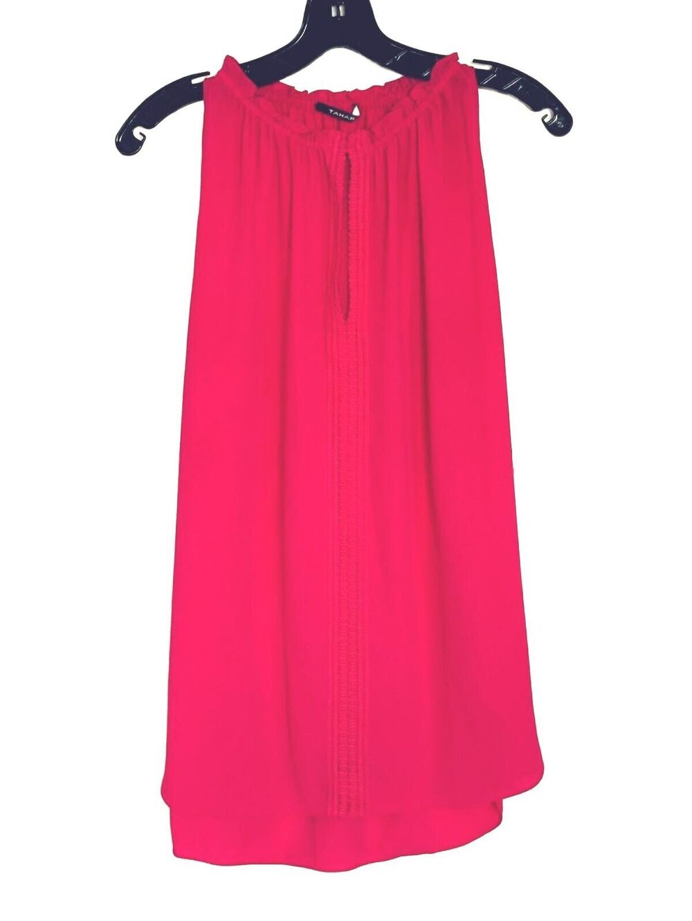 Tahari Women's L Fuchsia Pink Sleeveless Blouse Lace Trim Keyhole High Low